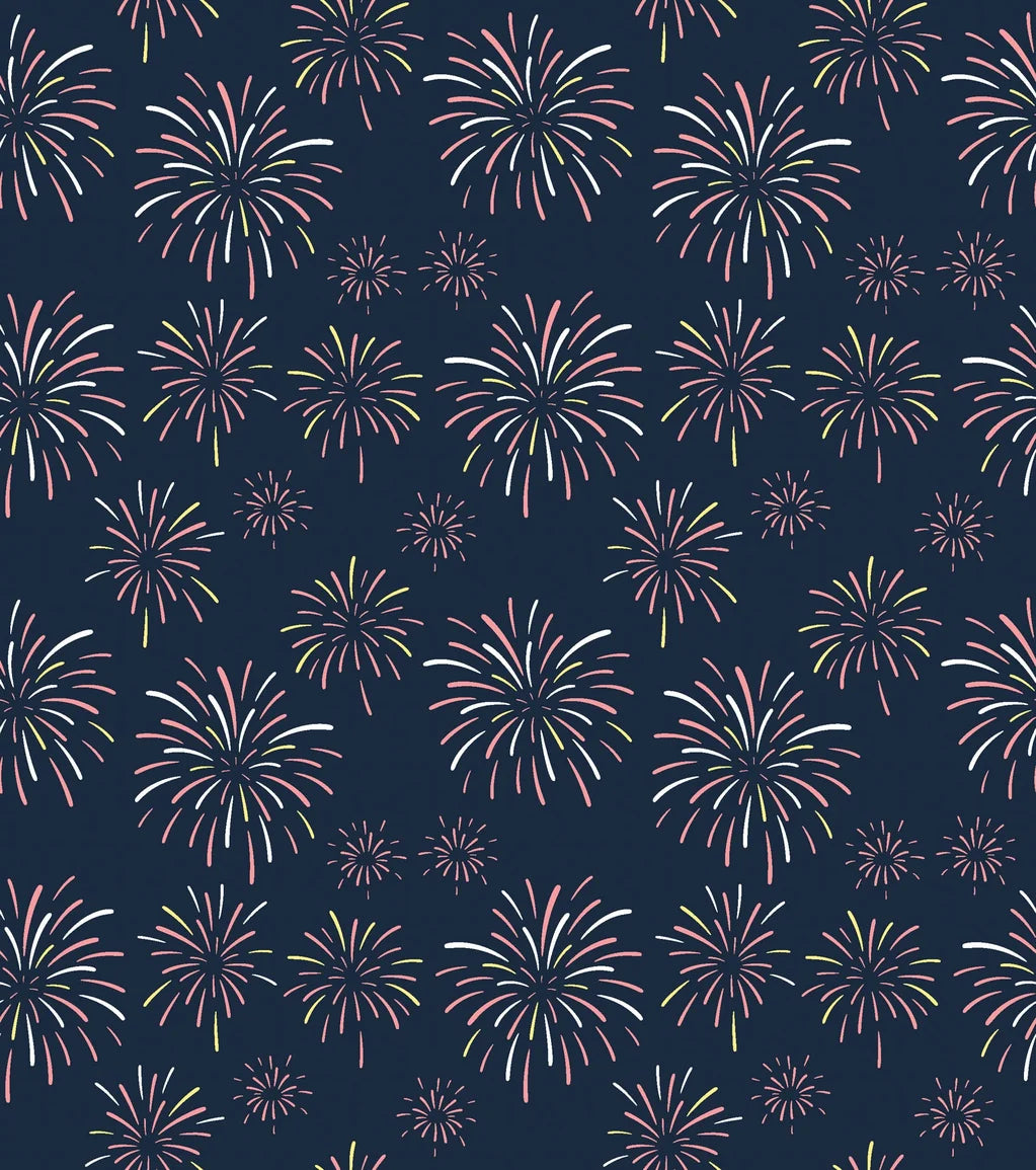 A deep navy wall covering patterned with yellow and pink firework explosions - Celestial Burst