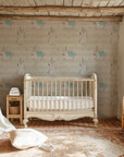 Sophisticated off-white peel-and-stick wallpaper displaying delicate vertical lines embellished with mythical unicorns and shimmering star motifs. - Celestial Prance