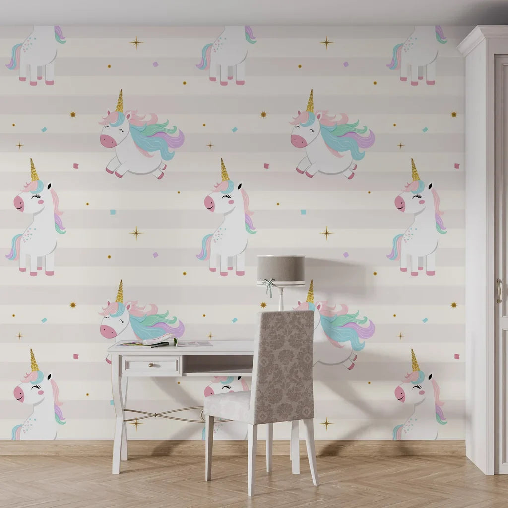 Smooth adhesive wall covering with a cream striped background and mystical unicorn and star illustrations. - Celestial Prance