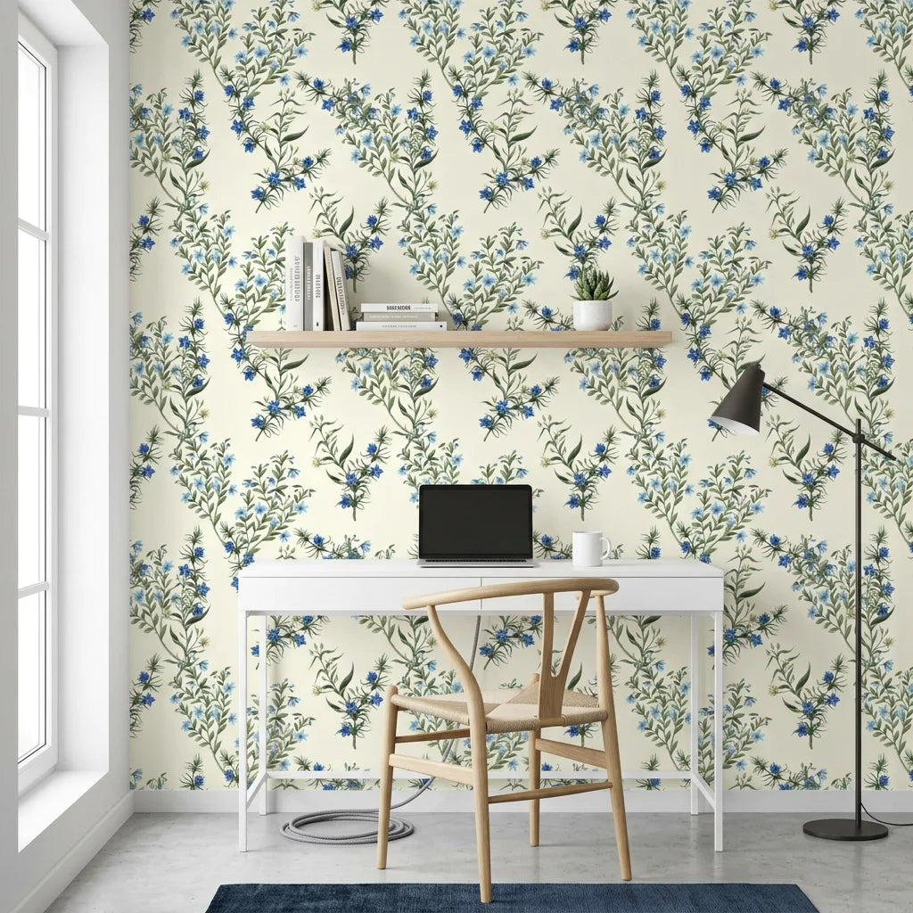 Cerulean Blossom as a feature wall in a bright home office