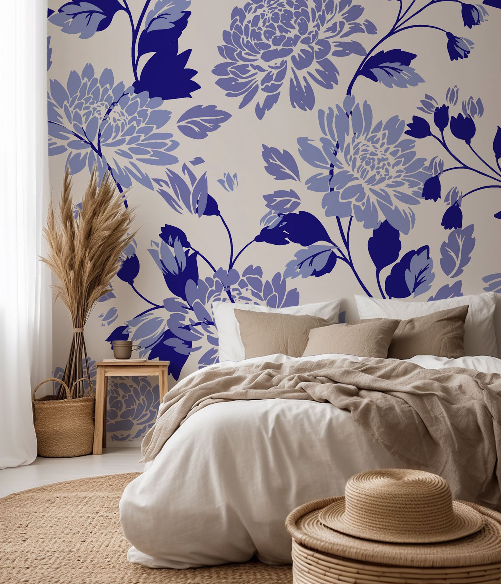 Self-adhesive, removable wall covering featuring an elegant blue floral pattern on an ivory ground, known as Cerulean Cascade
