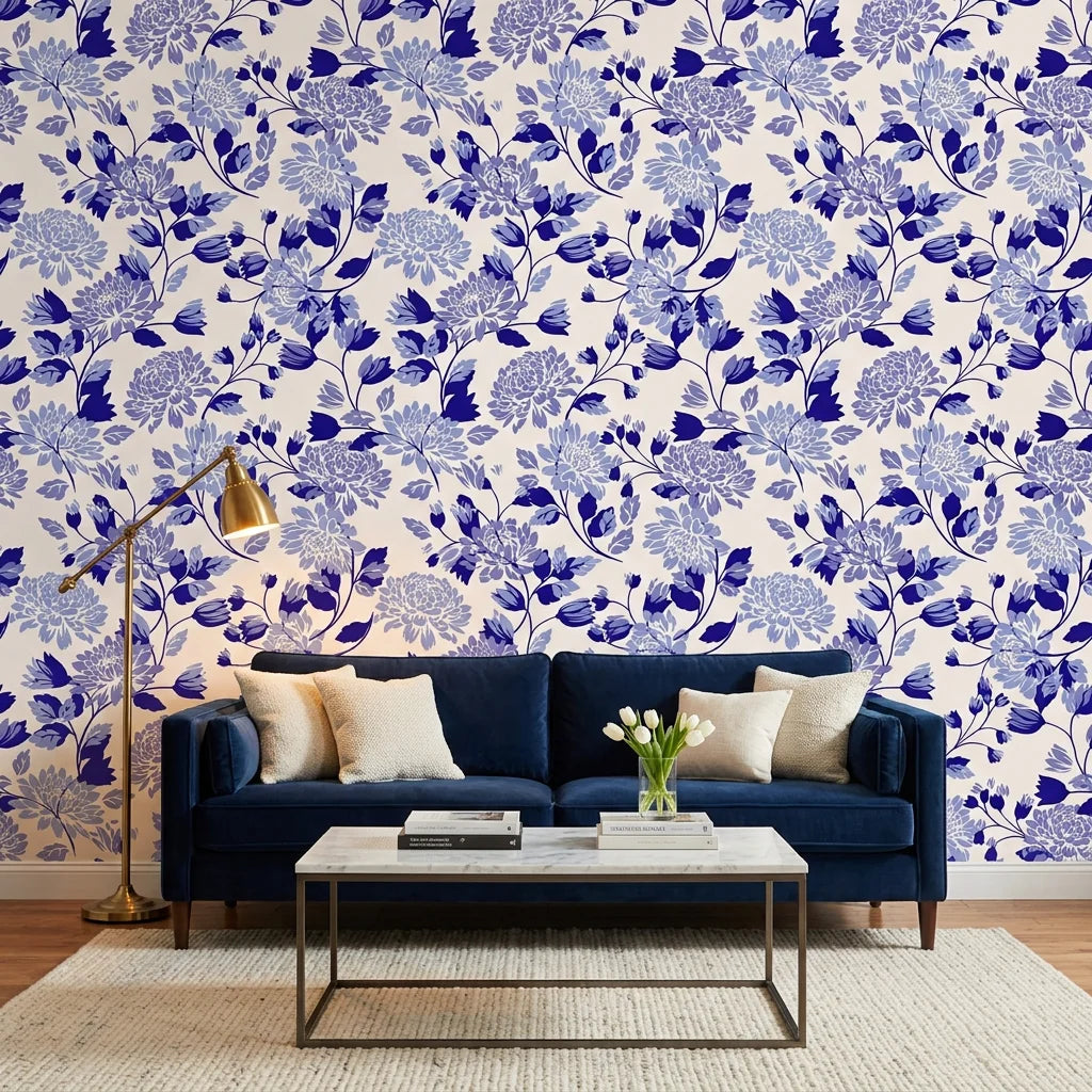 Cerulean Cascade classic blue and white chinoiserie floral wallpaper in a warm and inviting living room