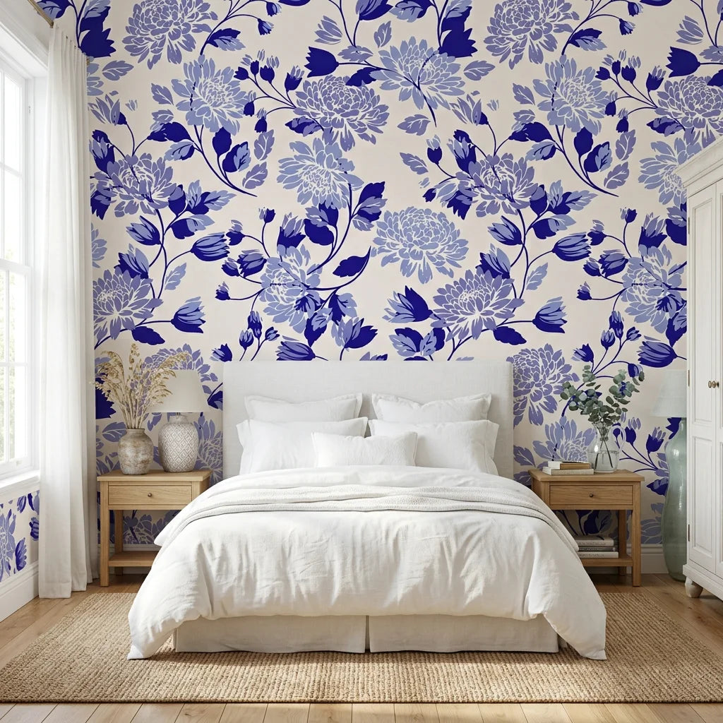 Cerulean Cascade classic blue and white chinoiserie floral wallpaper adding character to a cozy bedroom