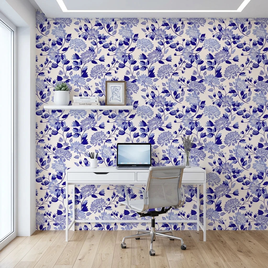 Cerulean Cascade classic blue and white chinoiserie floral wallpaper as a feature wall in a bright home office