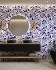 Cerulean Cascade classic blue and white chinoiserie floral wallpaper creating ambiance in a serene bathroom