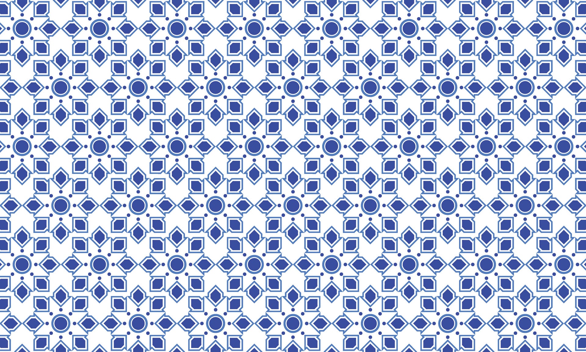 Self-adhesive wallpaper featuring a blue and white Moroccan star tile pattern, Cerulean Echoes