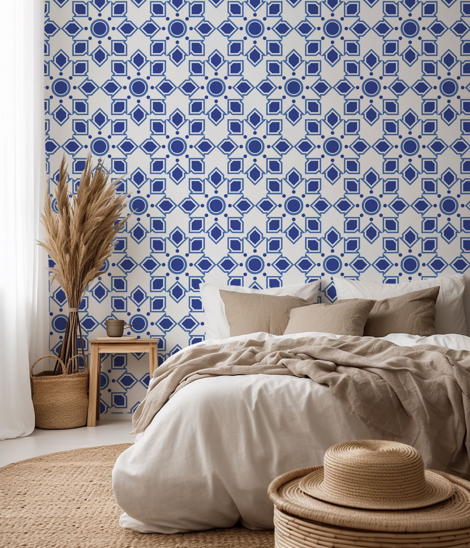 Self-adhesive wallpaper featuring a blue and white Moroccan geometric star tile design – Cerulean Echoes