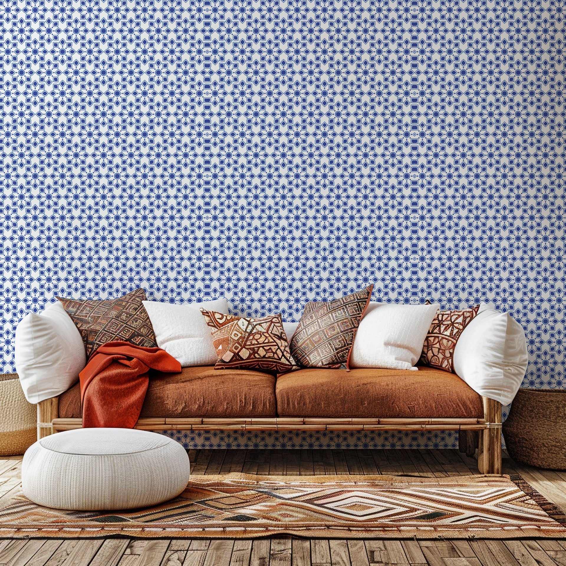 Self-adhesive wallpaper featuring a blue and white Moroccan geometric star tile design – Cerulean Echoes
