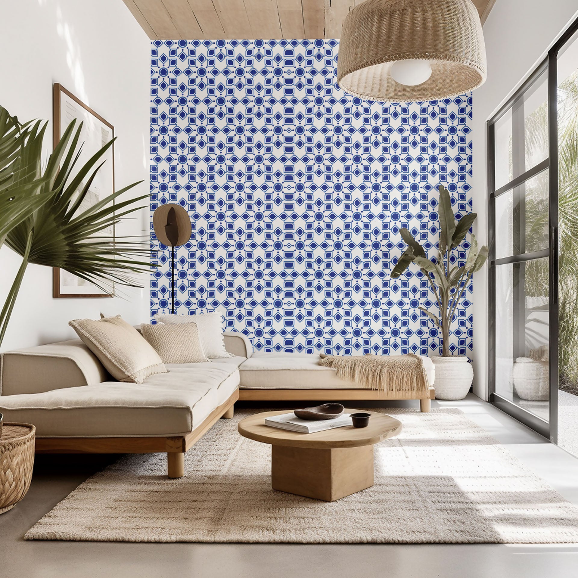 Self-adhesive wallpaper featuring a blue and white Moroccan geometric star tile design, named Cerulean Echoes