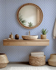Self-adhesive wallpaper featuring a blue and white Moroccan star tile geometric pattern, named Cerulean Echoes