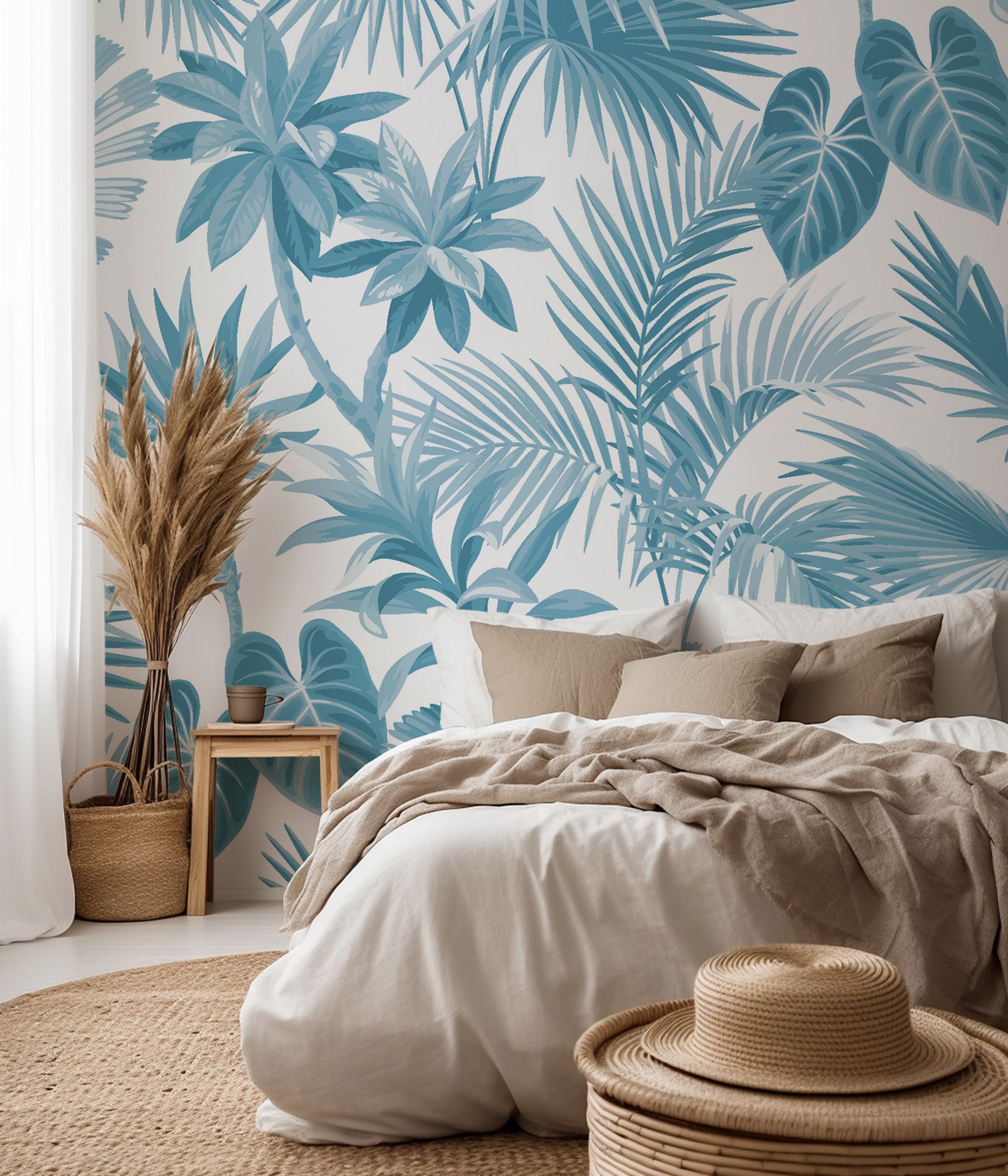 Thick, layered tropical foliage saturated in rich cerulean blue