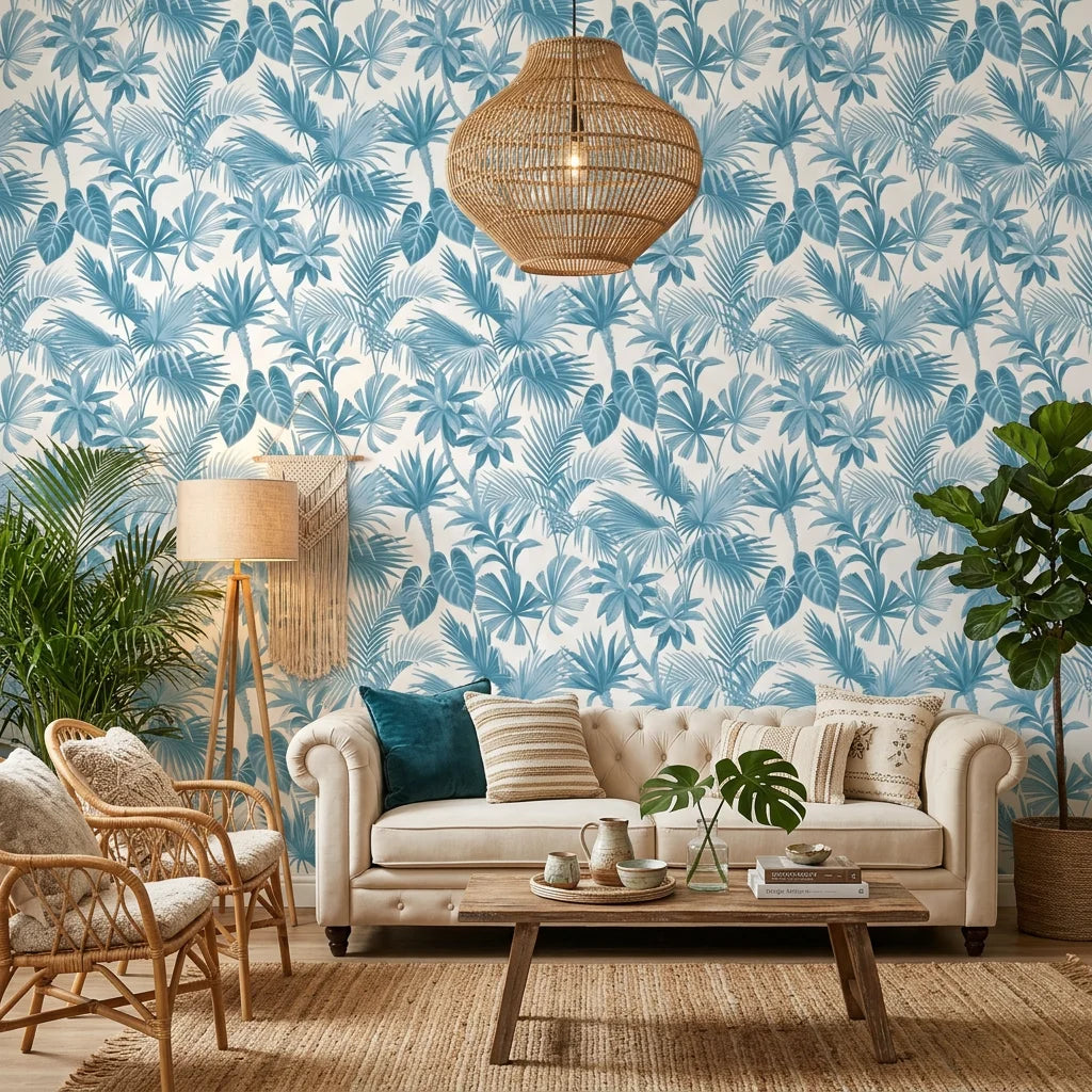 Cerulean Eden lush blue jungle wallpaper in a warm and inviting living room