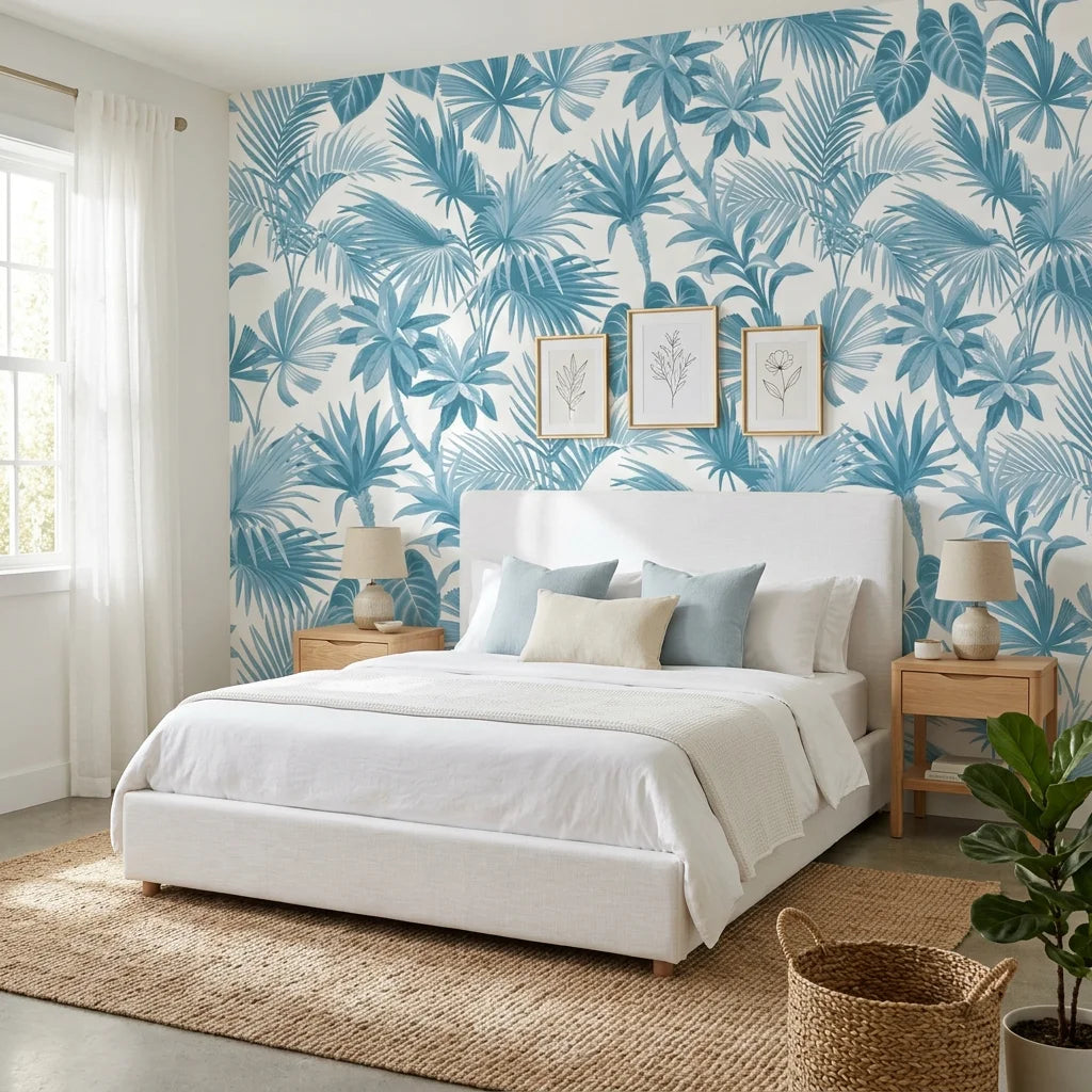 Cerulean Eden lush blue jungle wallpaper adding character to a cozy bedroom