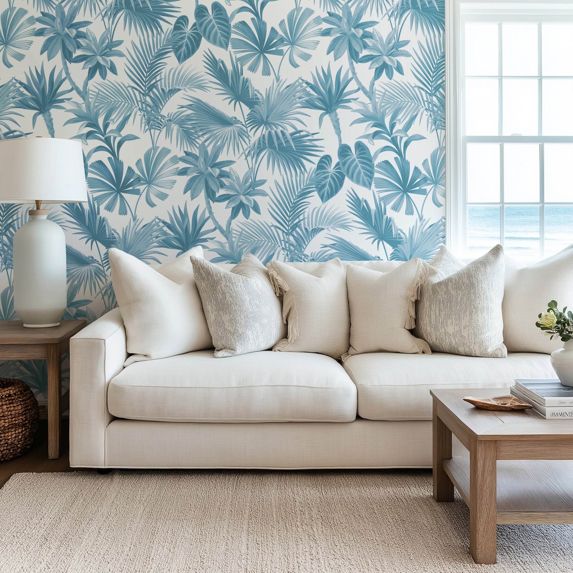 Numerous, stacked exotic leaves drenched in intense indigo-blue