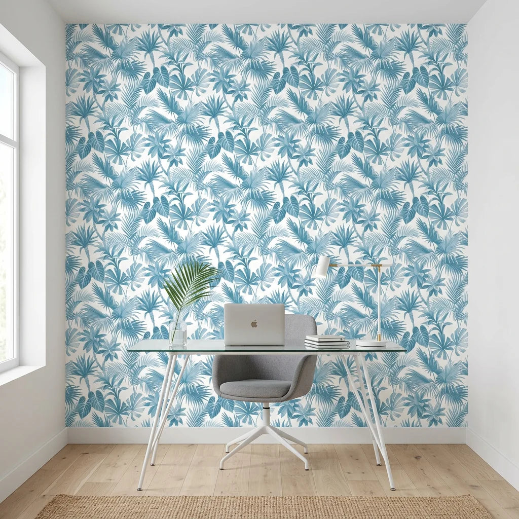 Cerulean Eden lush blue jungle wallpaper as a feature wall in a bright home office