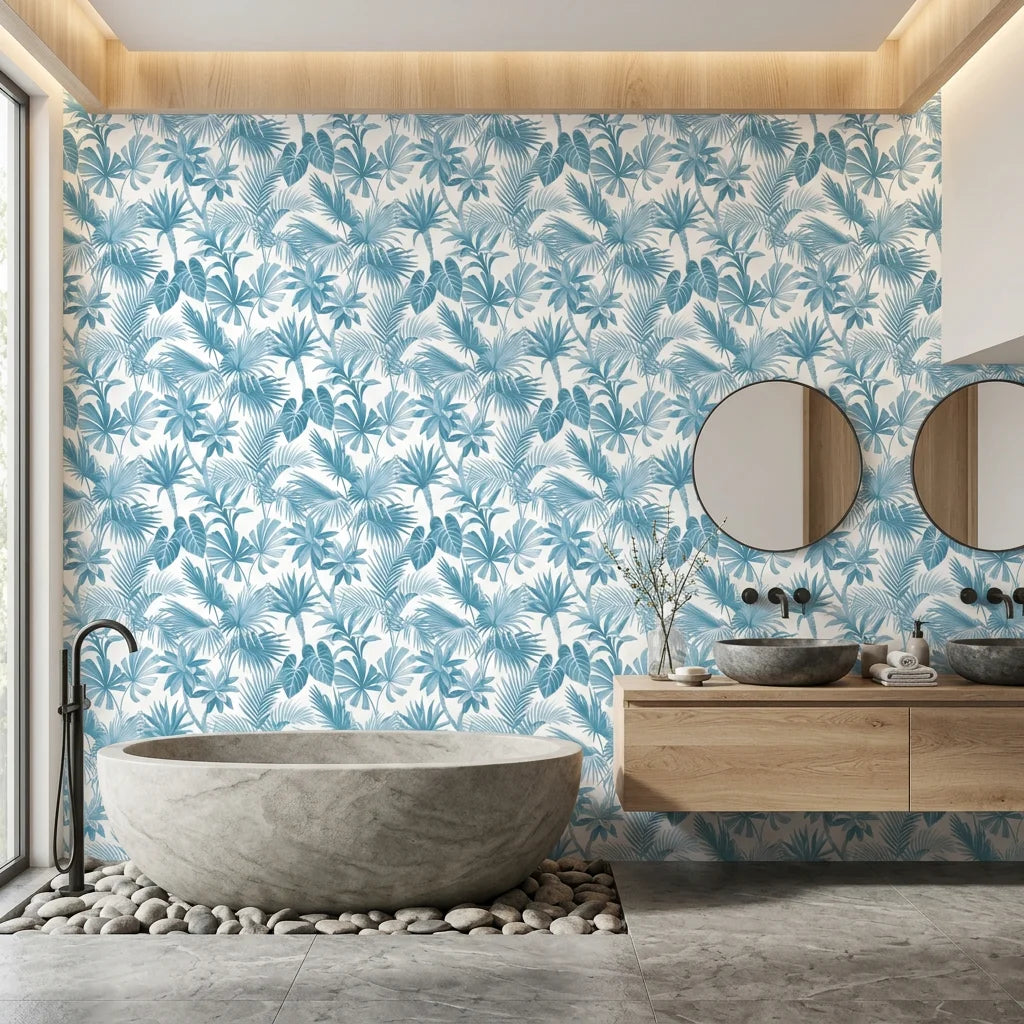 Cerulean Eden lush blue jungle wallpaper creating ambiance in a serene bathroom