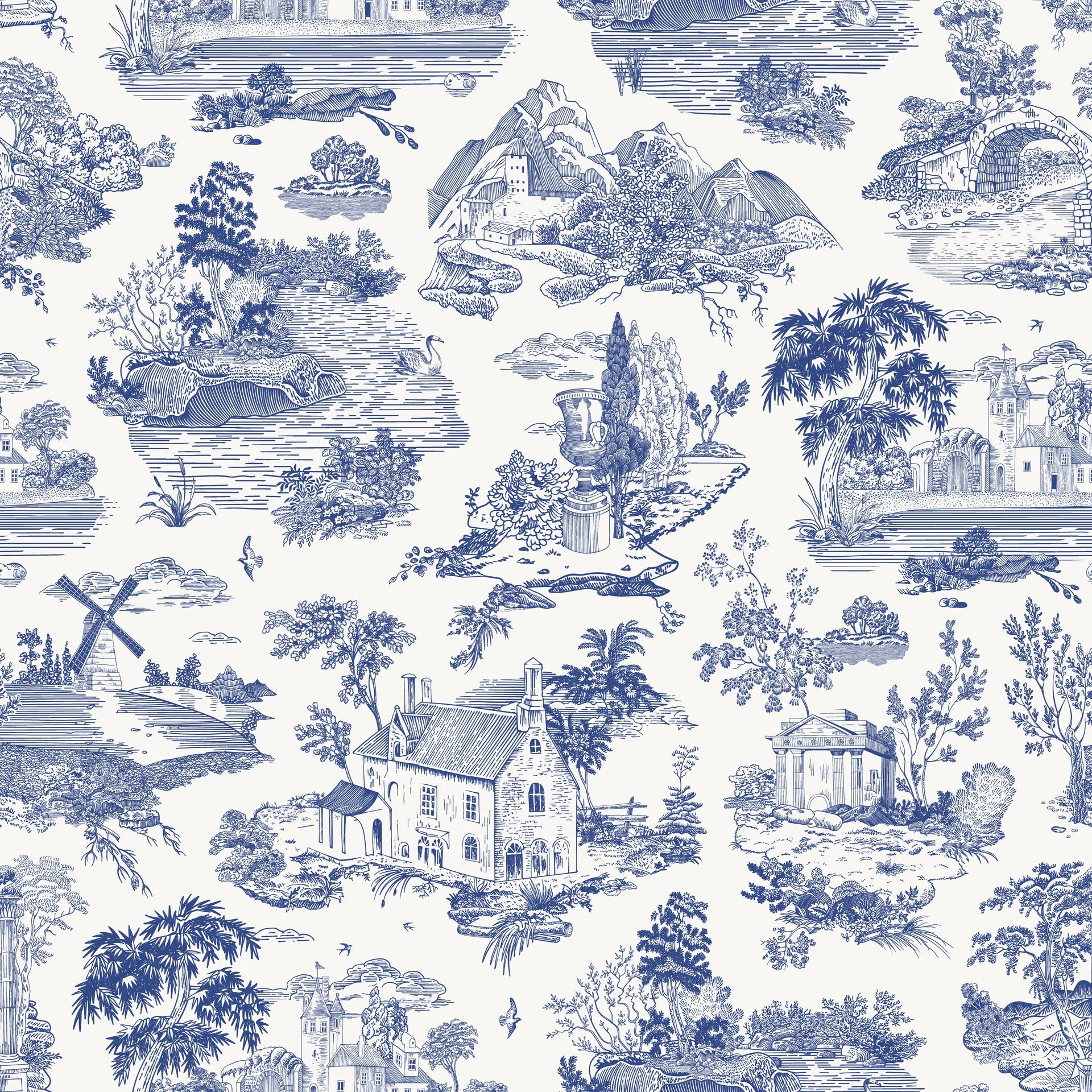 Smooth blue toile landscape peel and stick wallpaper - Cerulean Estate