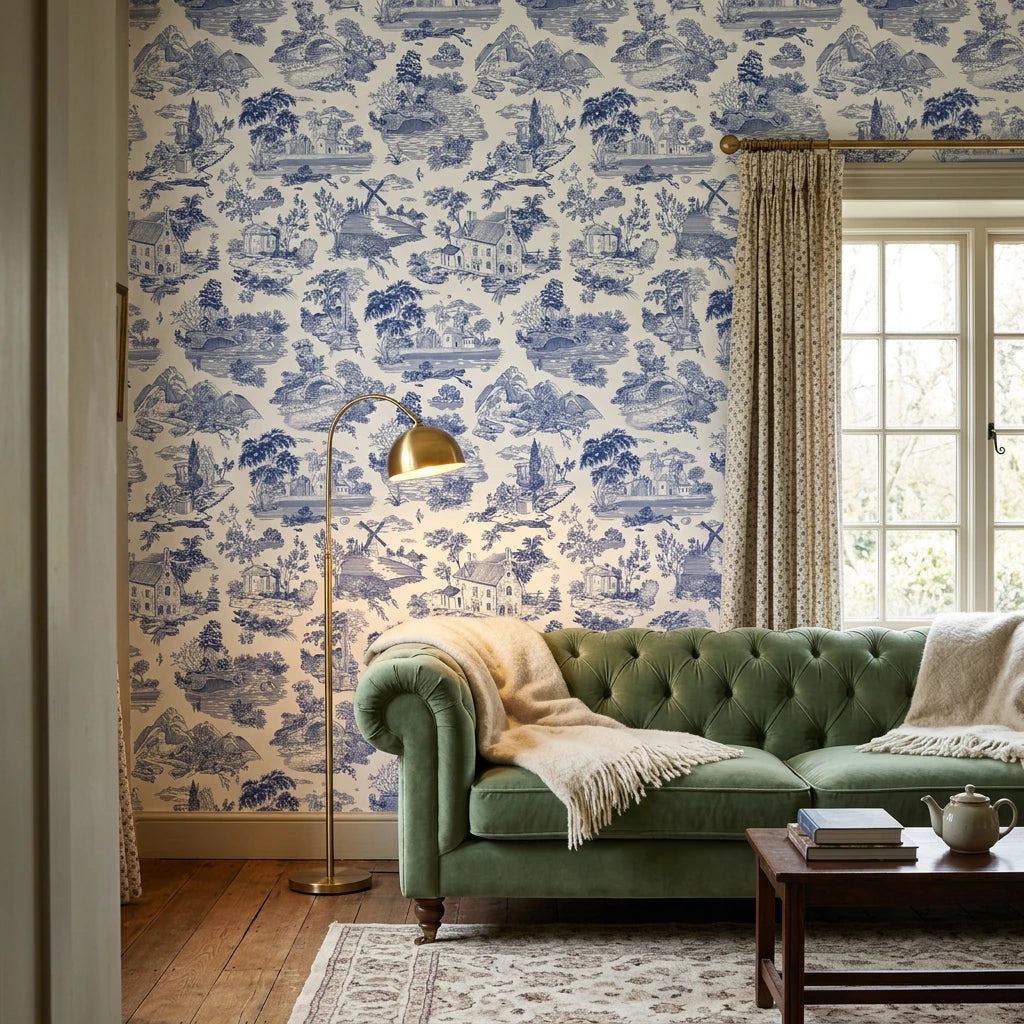 Cerulean Estate classic blue toile landscape wallpaper in a warm and inviting living room