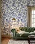 Cerulean Estate classic blue toile landscape wallpaper in a warm and inviting living room