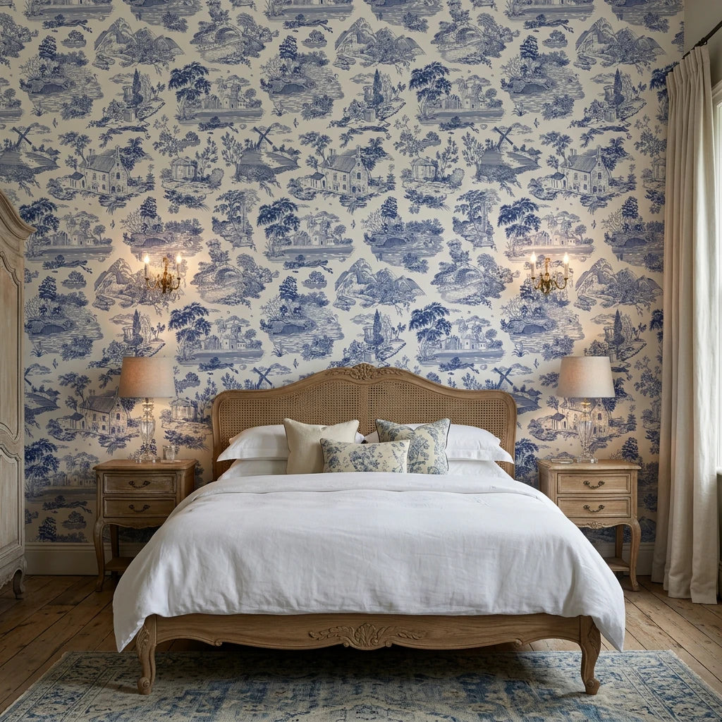 Cerulean Estate classic blue toile landscape wallpaper adding character to a cozy bedroom