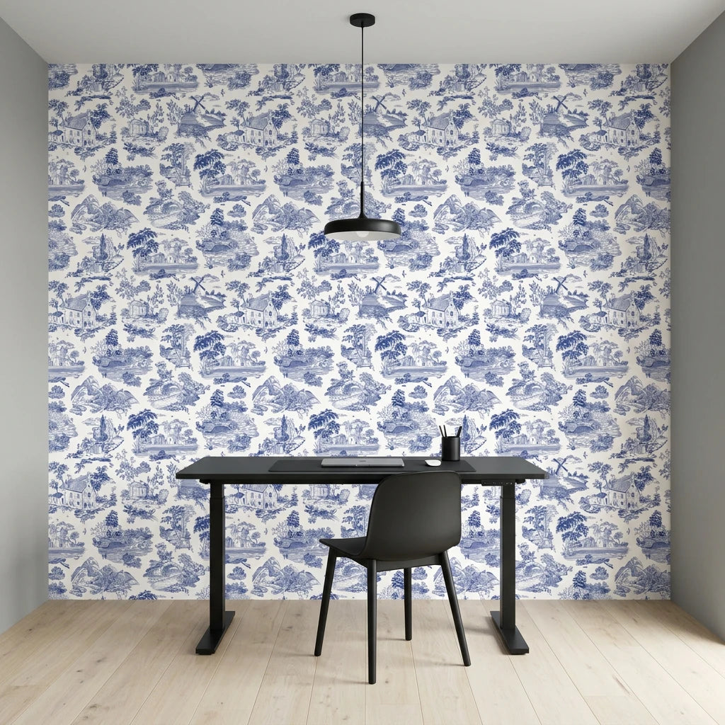 Cerulean Estate classic blue toile landscape wallpaper as a feature wall in a bright home office