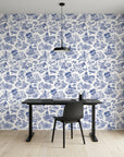 Cerulean Estate classic blue toile landscape wallpaper as a feature wall in a bright home office