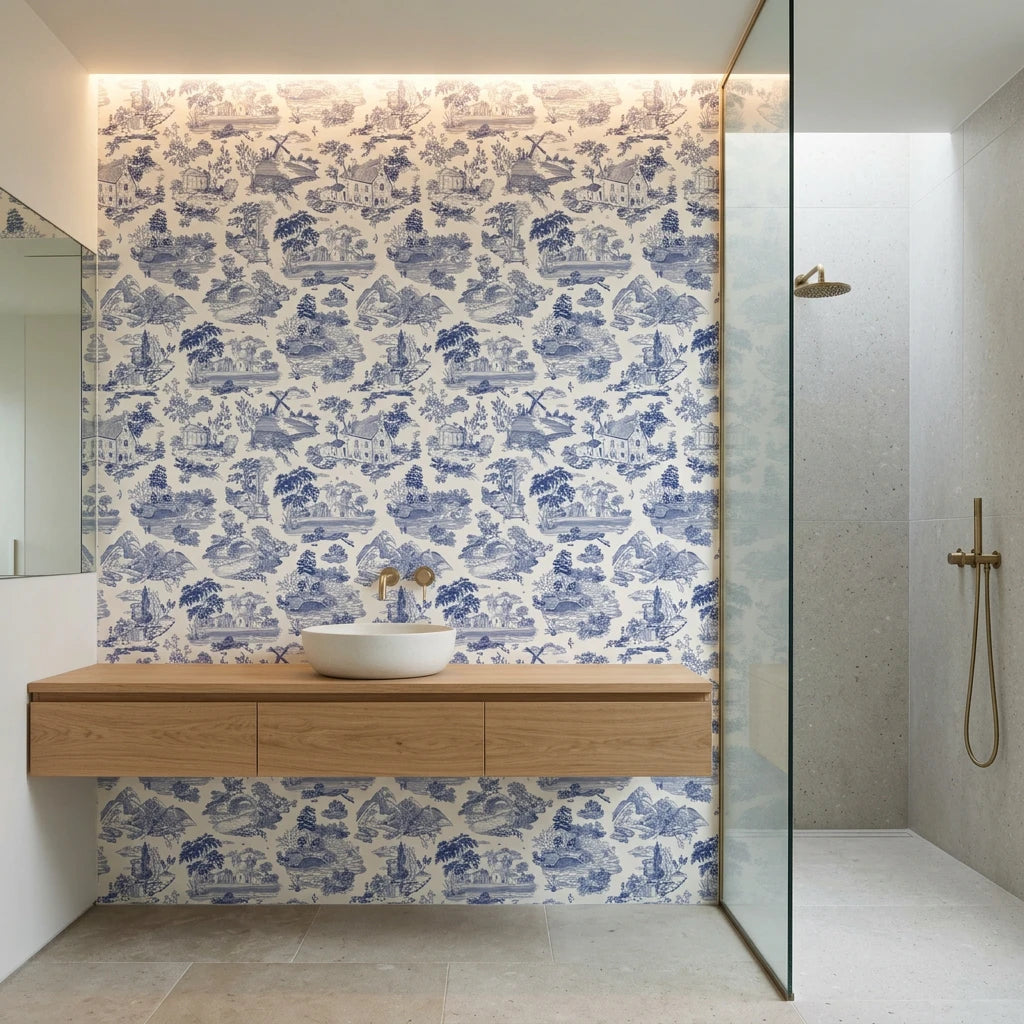 Cerulean Estate classic blue toile landscape wallpaper creating ambiance in a serene bathroom