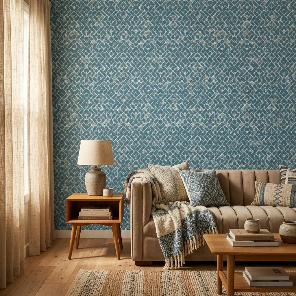 Cerulean Garden distressed geometric wallpaper in a warm and inviting living room