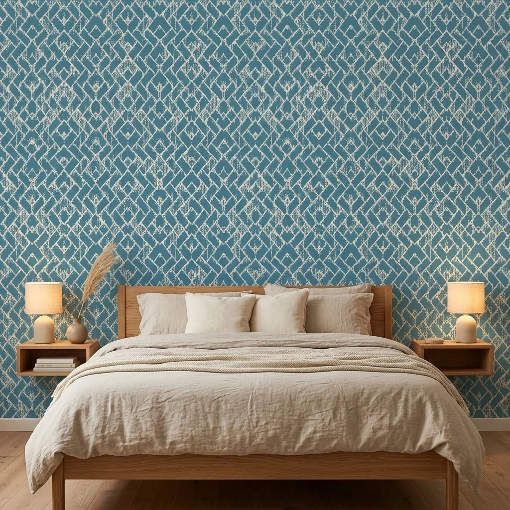 Cerulean Garden distressed geometric wallpaper adding character to a cozy bedroom
