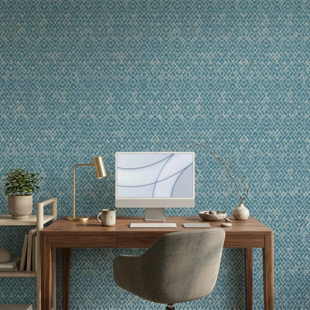 Cerulean Garden distressed geometric wallpaper as a feature wall in a bright home office