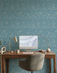 Cerulean Garden distressed geometric wallpaper as a feature wall in a bright home office