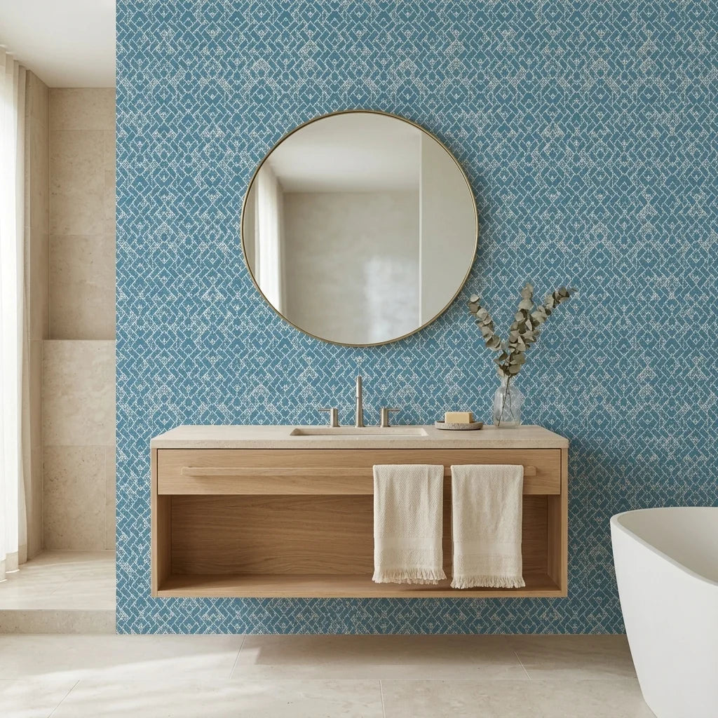 Cerulean Garden distressed geometric wallpaper creating ambiance in a serene bathroom