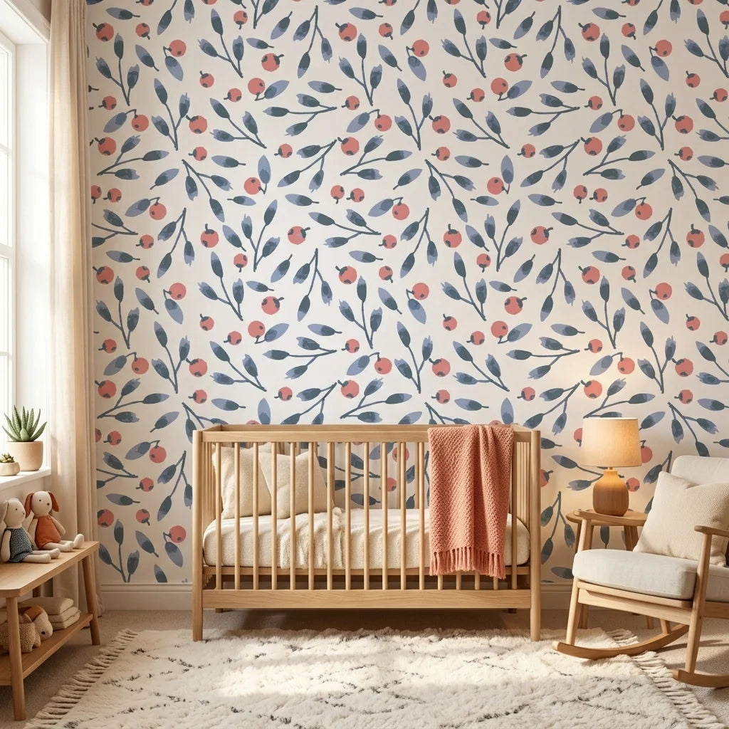 Cerulean Petal blue and coral botanical wallpaper in a warm and inviting living room