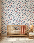 Cerulean Petal blue and coral botanical wallpaper in a warm and inviting living room