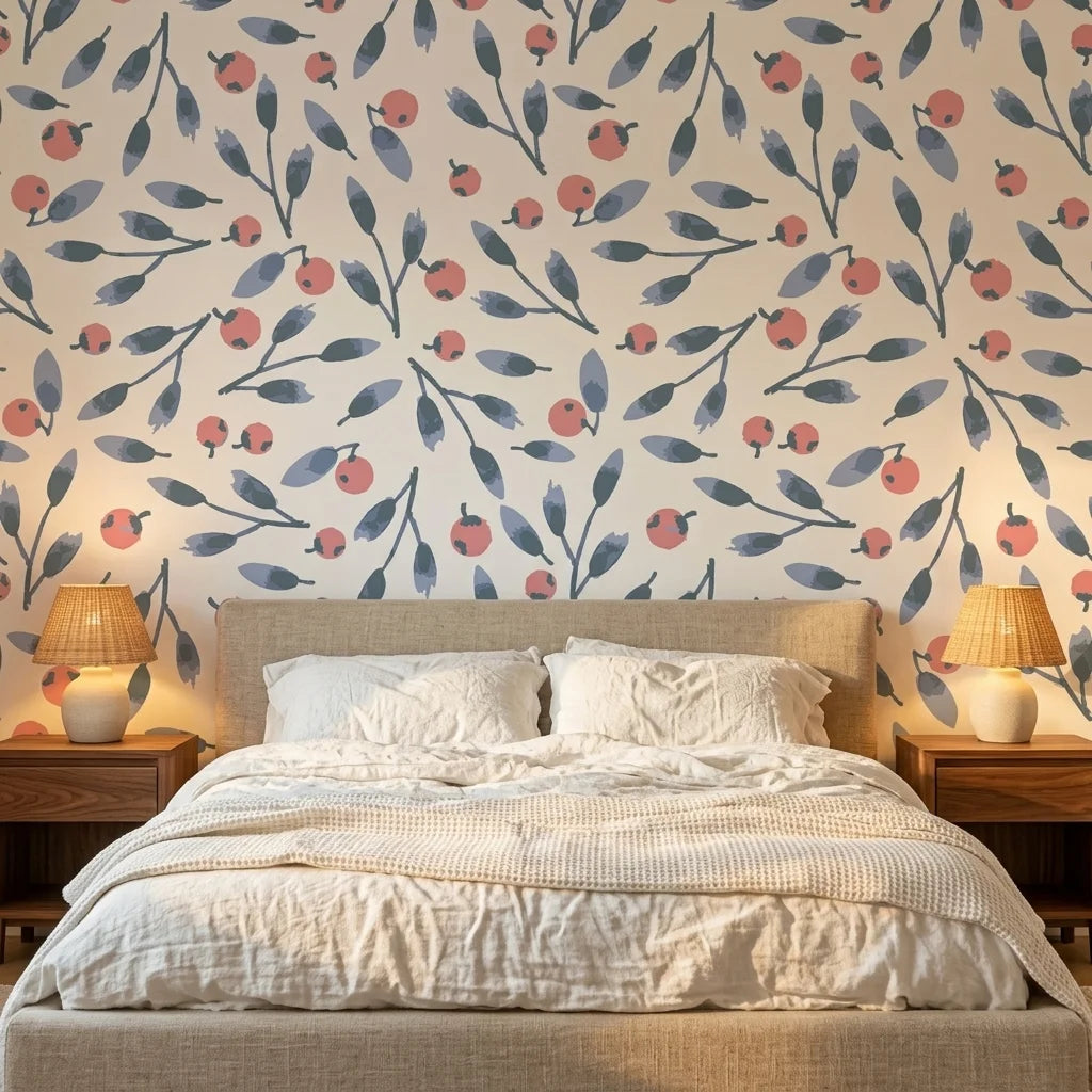 Cerulean Petal blue and coral botanical wallpaper adding character to a cozy bedroom