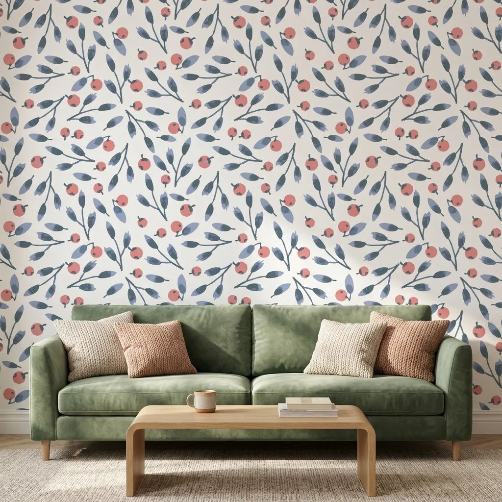 Cerulean Petal blue and coral botanical wallpaper as a feature wall in a bright home office