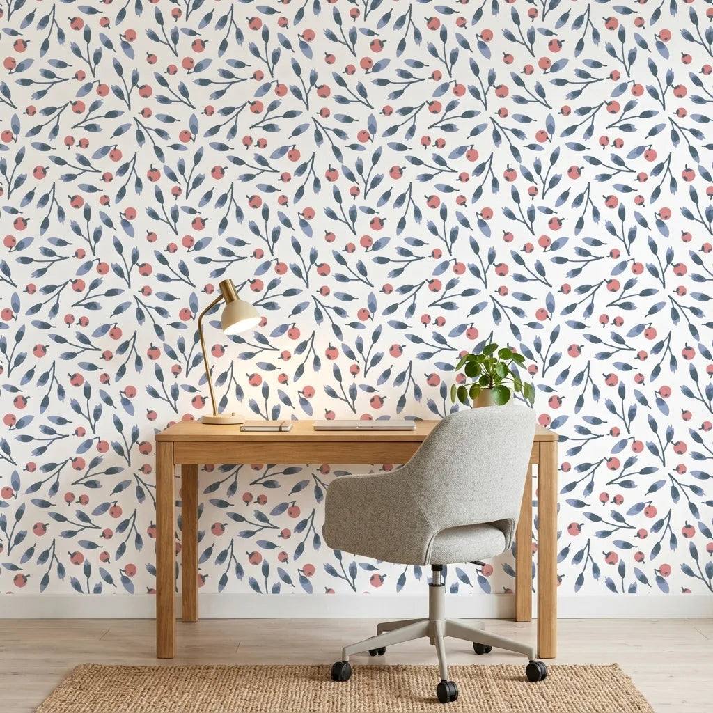 Cerulean Petal blue and coral botanical wallpaper creating ambiance in a serene bathroom