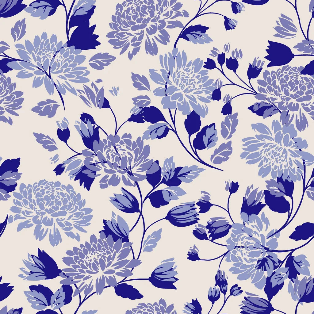 Cerulean Cascade self-adhesive wallpaper featuring a refined blue flower pattern against an ivory backdrop