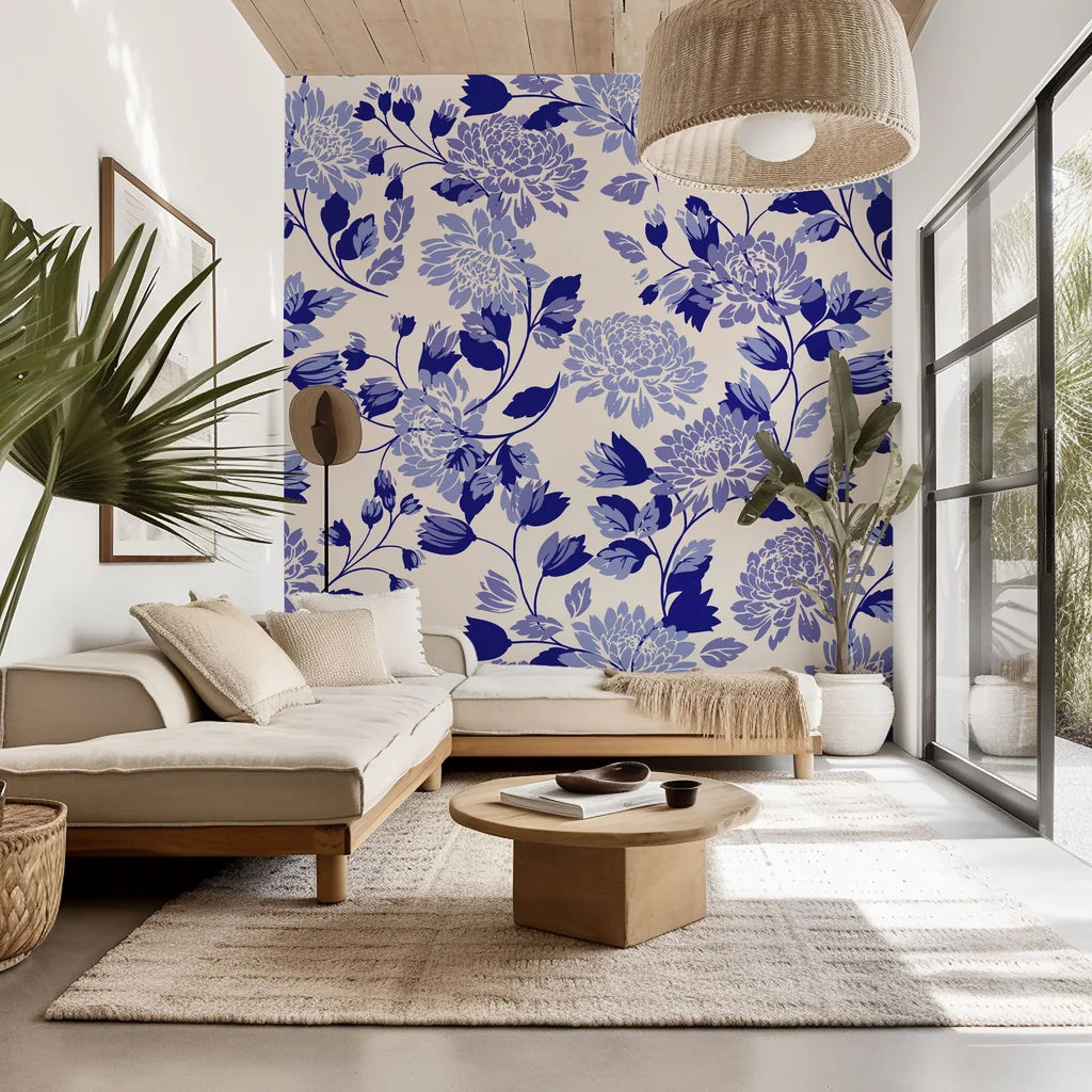 Self-adhesive, gracefully styled wallpaper featuring a blue floral design atop a creamy base