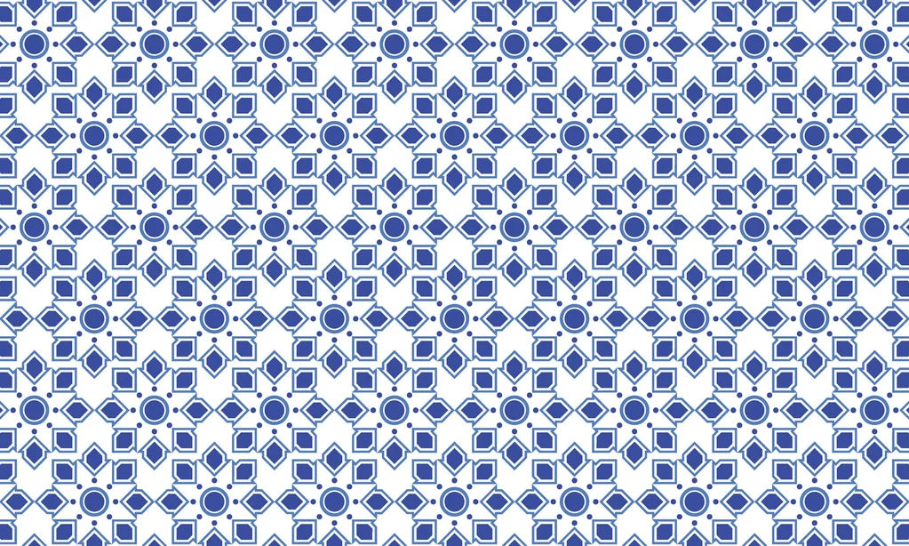 Self-adhesive wallpaper featuring a blue and white Moroccan star tile pattern, Cerulean Echoes