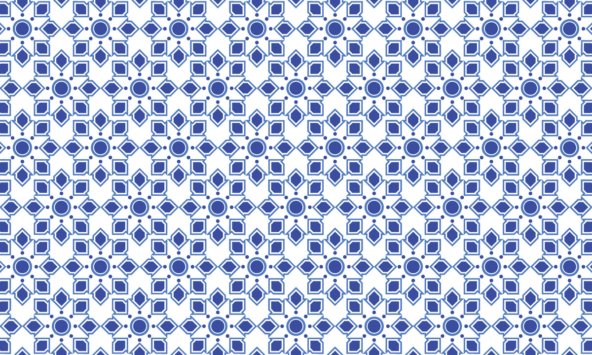Self-adhesive wallpaper featuring a blue and white Moroccan star tile pattern, Cerulean Echoes