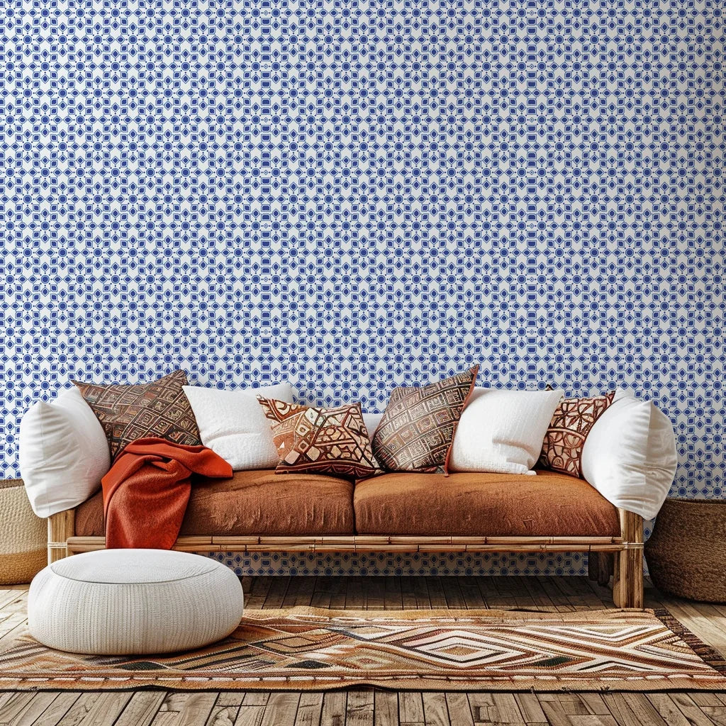 Self-adhesive wallpaper featuring a blue and white Moroccan geometric star tile design – Cerulean Echoes