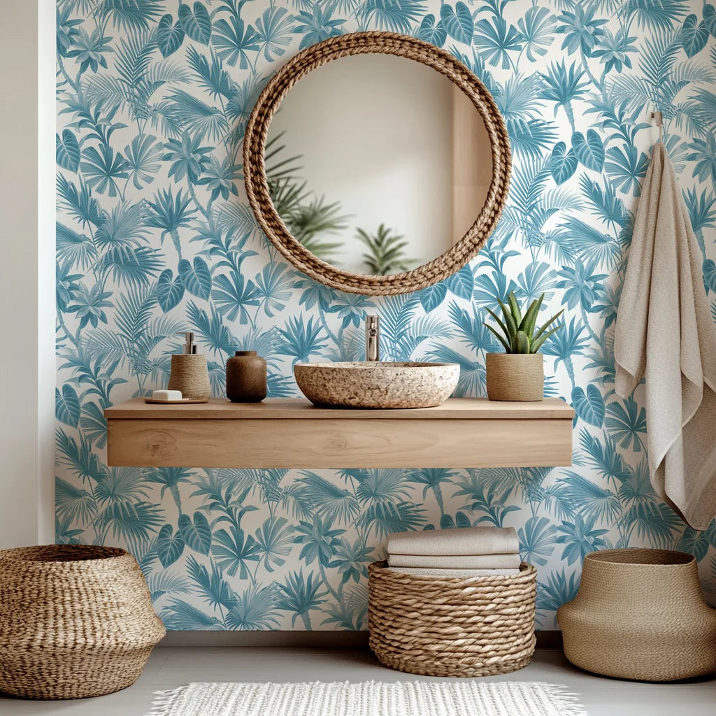 Crowded, stacked jungle leaves displayed in deep cerulean blue colors