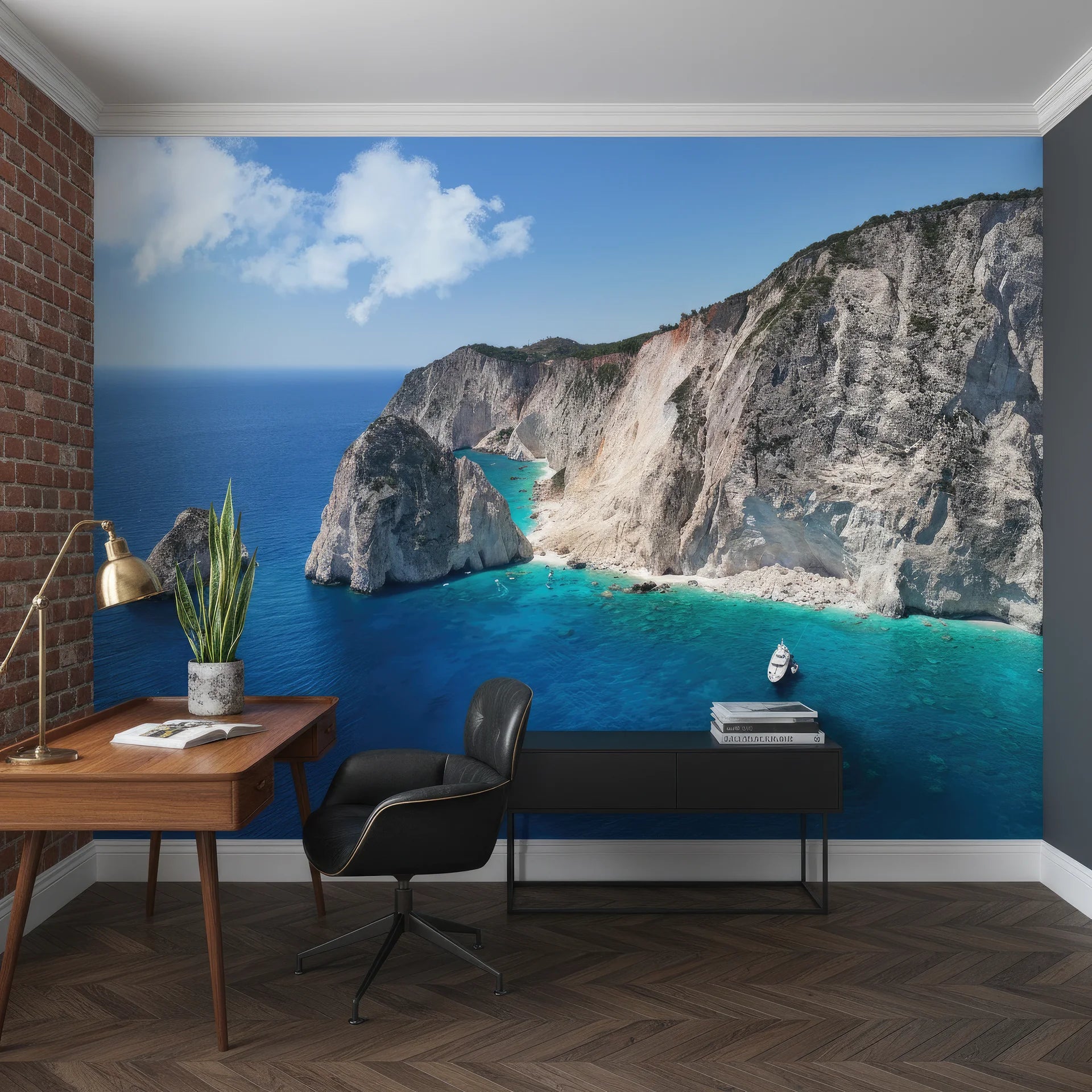 Cream and turquoise nature scene with balanced color harmony peel and stick wallpaper