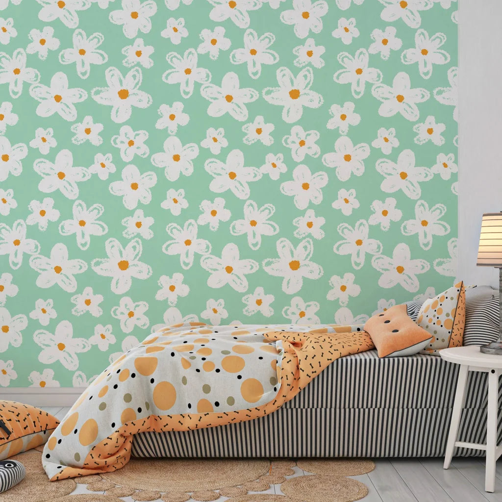 Removable wall covering with a pastel mint base and hand-drawn white floral daisy patterns. - Chalky Meadow
