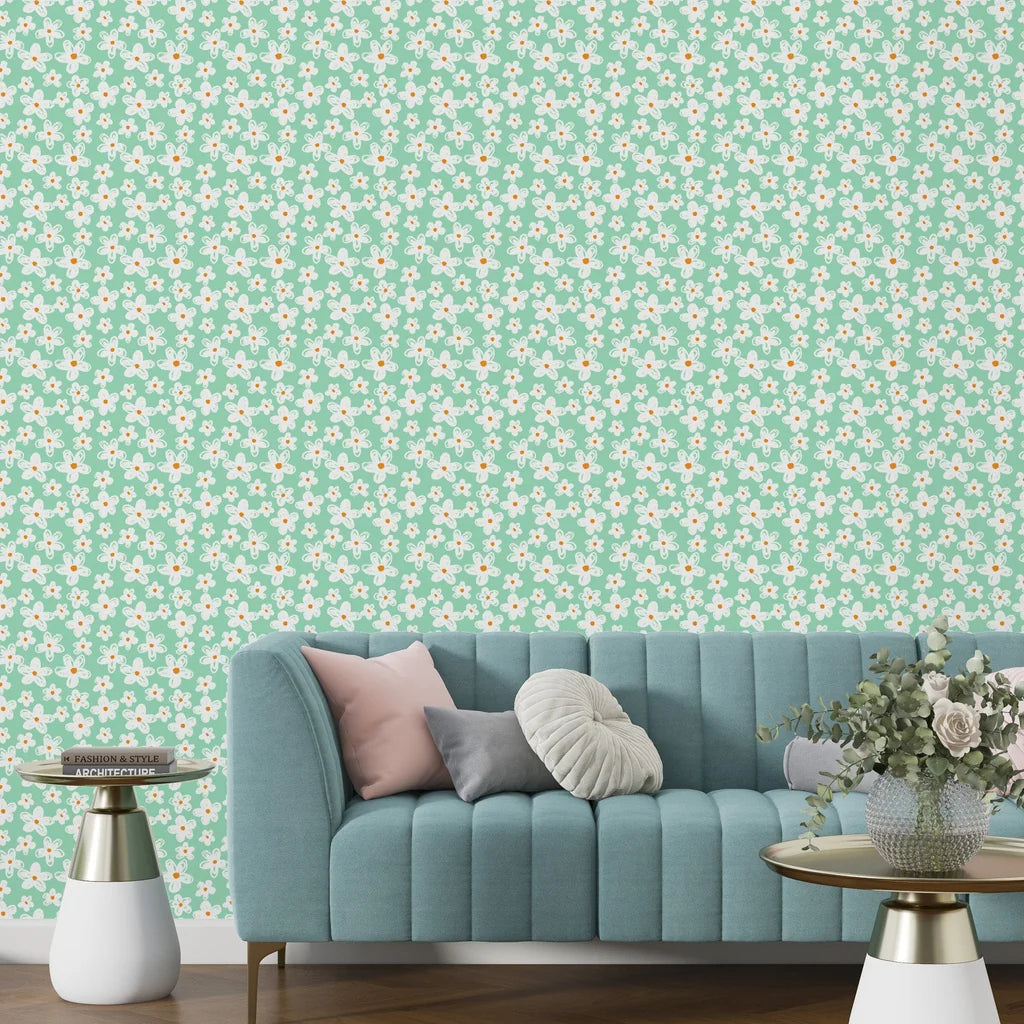 Mint green background accented by white sketchy daisy illustrations in a stick-on wall mural format. - Chalky Meadow