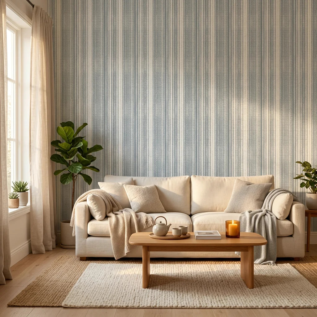 Textured blue and white striped peel and stick wallpaper - Chambray Ticking