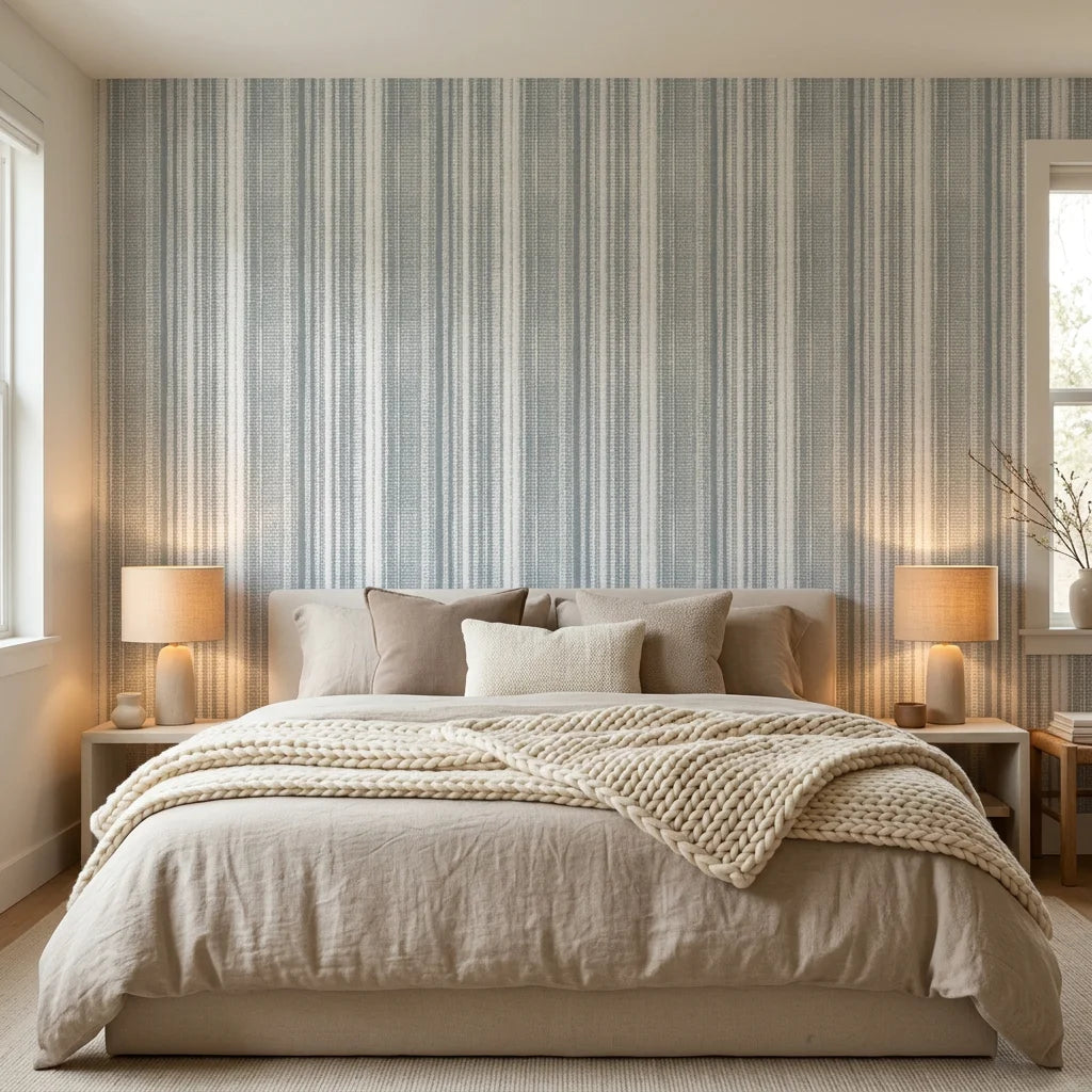 Chambray Ticking soft blue striped wallpaper in a warm and inviting living room