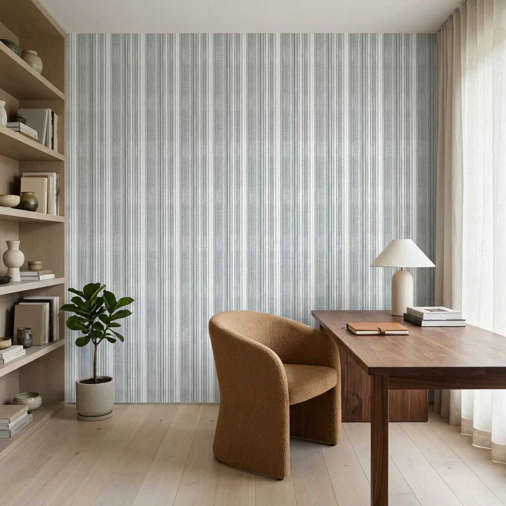 Chambray Ticking soft blue striped wallpaper adding character to a cozy bedroom