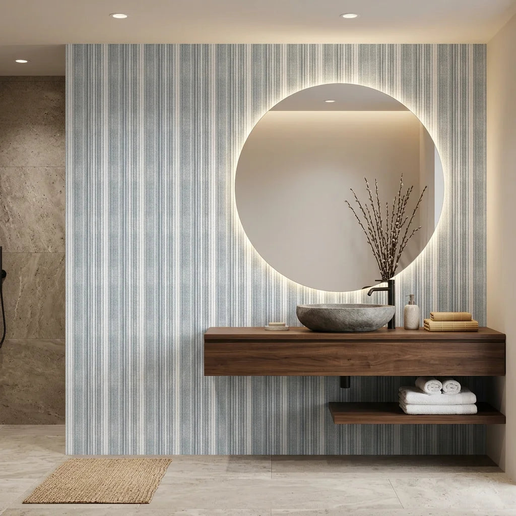 Chambray Ticking soft blue striped wallpaper as a feature wall in a bright home office